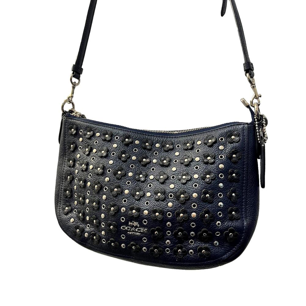 Rare Coach Chelsea Floral Studs 2 Way Navy Leather Shoulder Bag Purse Authentic